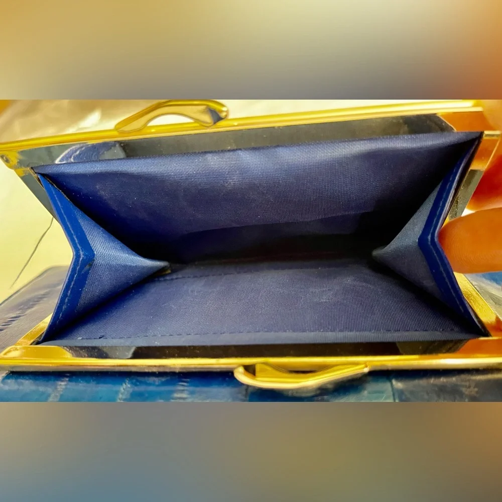 Rare Royal Blue Eel Leather Gold Accents Clutch Wallet
